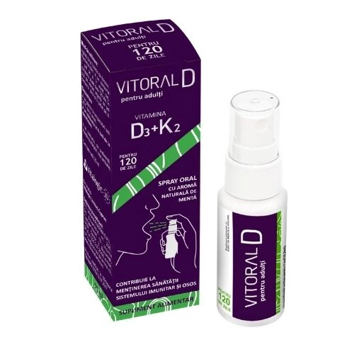 Vitamina D3 + K2 - Vitoral D pentru adulti spray oral - Supliment alimentar ce contine vitamina D3 si K2 pentru absorbtia normala a calciului si la mentinerea sanatatii sistemului osos