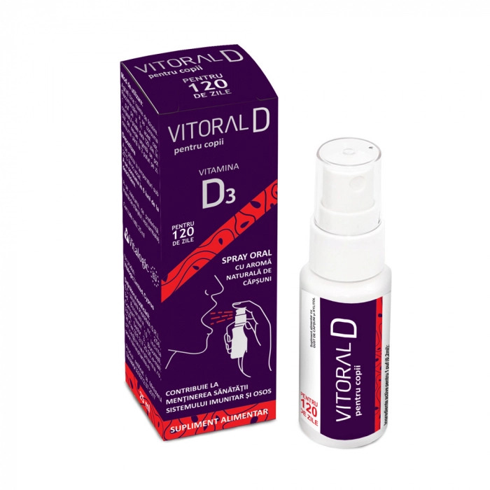 Vitamina D3 - Vitoral D pentru copii spray oral - Supliment alimentar ce contine vitamina D3, care contribuie la absorbtia normala a calciului si la mentinerea sanatatii sitemului imunitar